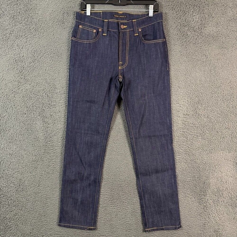 Nudie Jeans Co Mens 31x34 (Fits 30x29) Blue Thin Finn Dry Ecru Dark Wash Denim